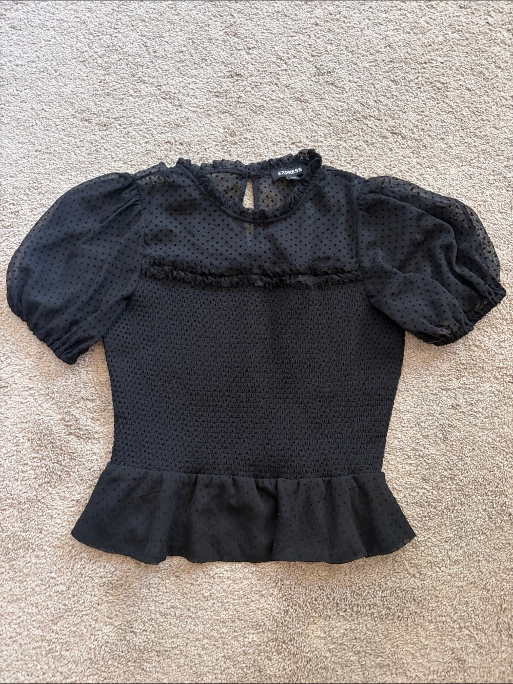 Express Black Puff Sleeve Peplum Blouse with Sheer Dot Sleeves